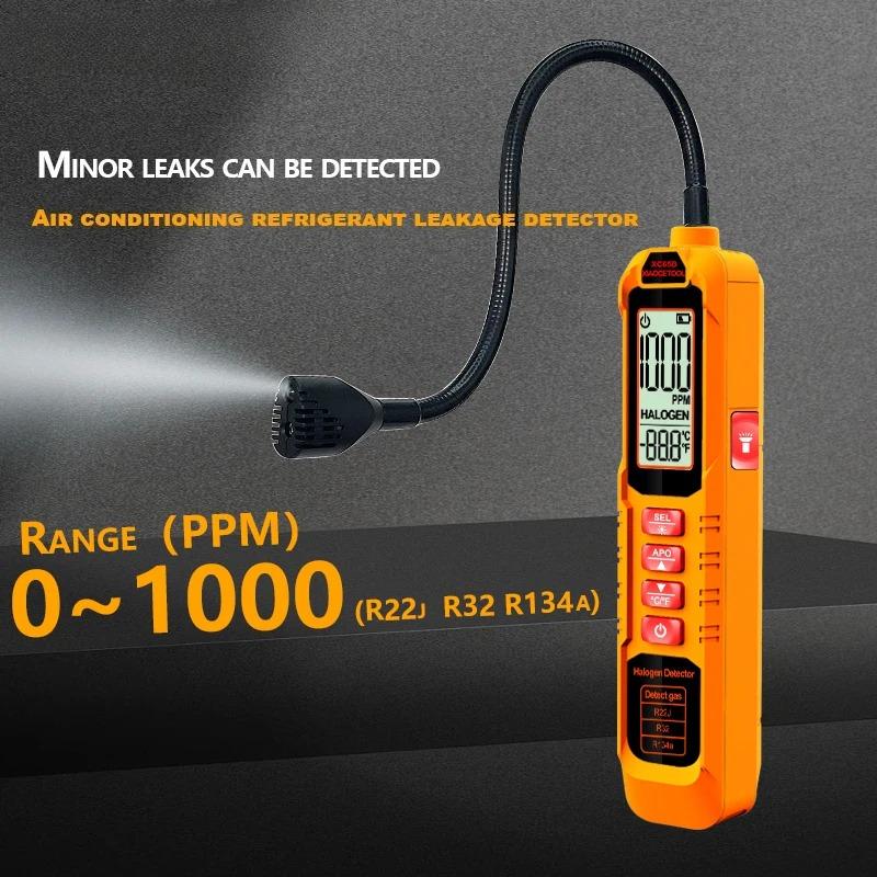 Detector Portátil de Fugas de Freón de Alta Sensibilidad Detector de Fugas de Halógeno R22 R410A R134A R1234YF Gas Refrigerante HVAC Probador de Aire Acondicionado Pantalla LCD
