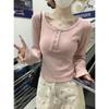 Korean Autumn Slim-Fit Square Neck Lace Trim Long-Sleeved Cashmere T-Shirt for Women