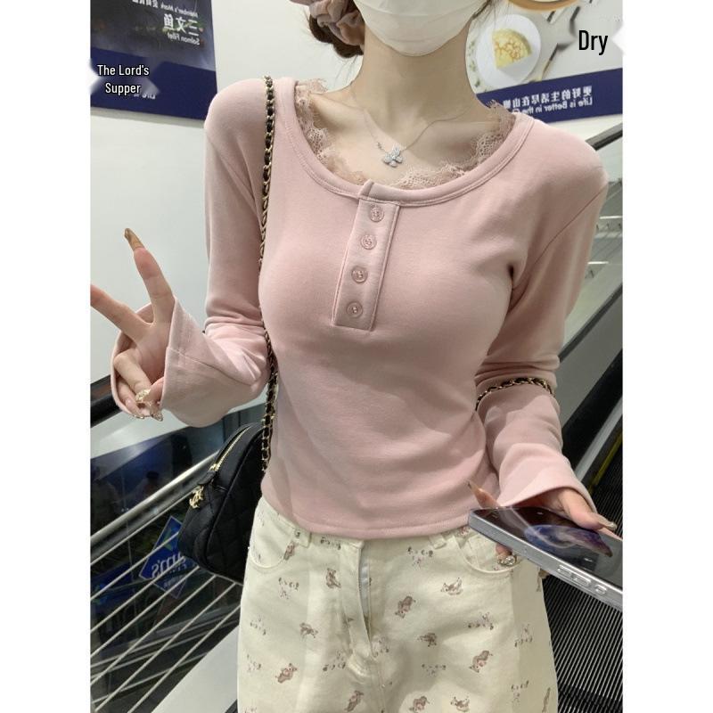 Korean Autumn Slim-Fit Square Neck Lace Trim Long-Sleeved Cashmere T-Shirt for Women