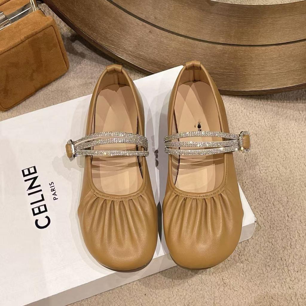Mary Jane Women's Shoes 2025 One-word Soft-soled Single Shoes Women's Autumn New Flat-soled Buckle Night Rhinestones