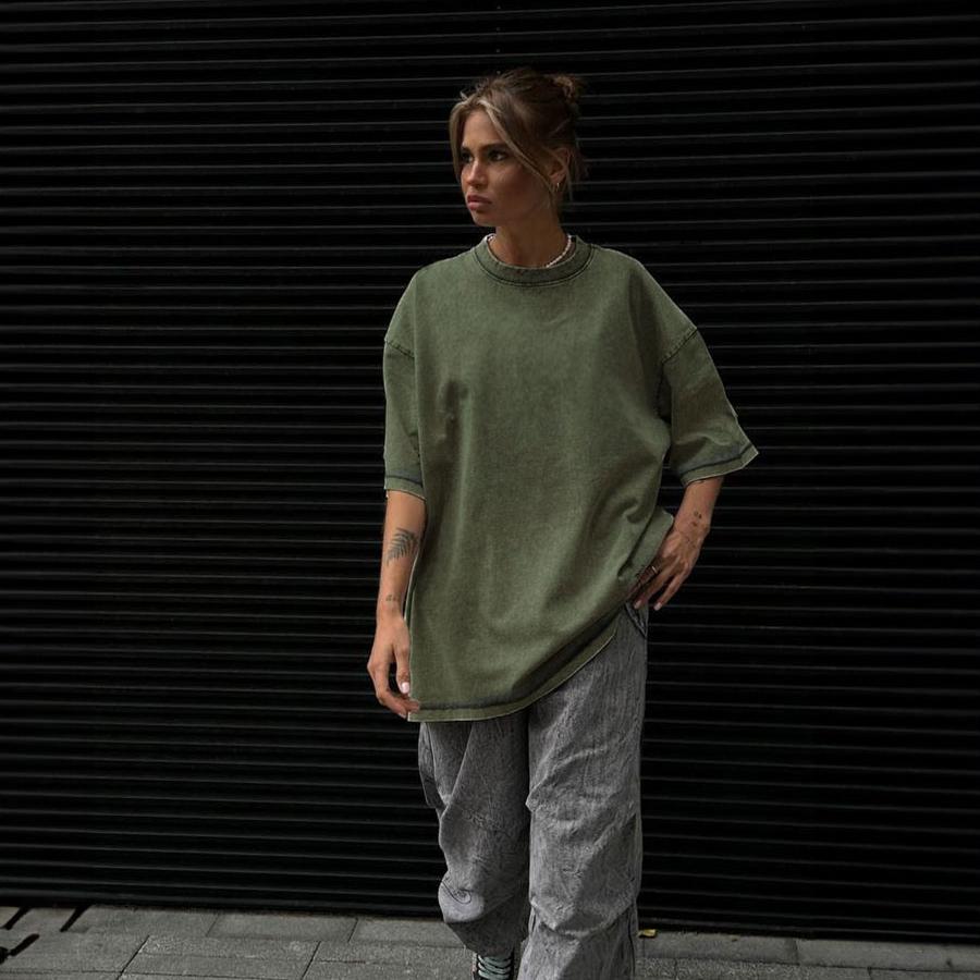 Women Men 100% Cotton Retro T-shirt Men Women Vintage Short-sleeve Wax Printing T Shirts Solid Color Hip Hop Loose Tees