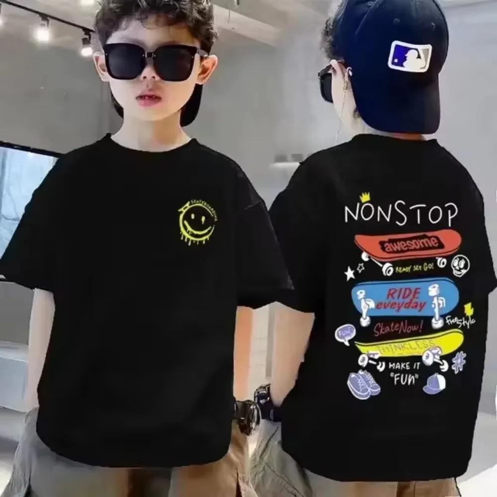 Cotton Kids Tshirt Summer Streetwear Cool Graffiti Print Boys Girls Short Sleeve Children Tops High Quality 100