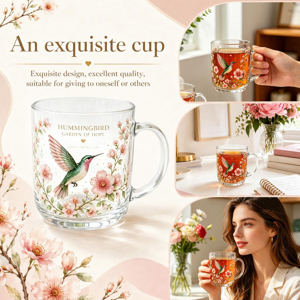 Glass Mug with Hummingbird Garden of Hope Floral Print Transparent Thickened Cup for Hot and Cold Drinks Tea Coffee
