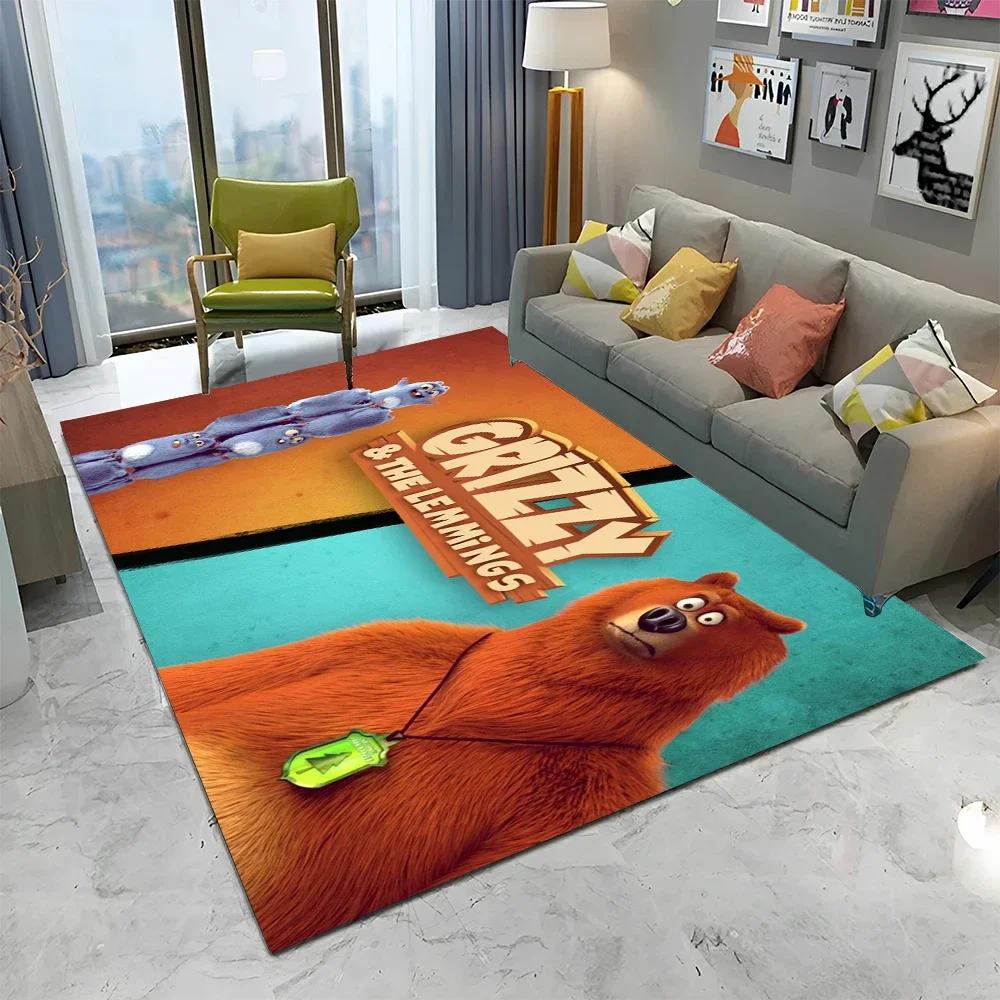 3D Kreslený koberec Grizzy a lemingové pro domov, obývací pokoj, ložnici, pod pohovku, rohožka, dekorace, dětský koberec, protiskluzová podložka na podlahu