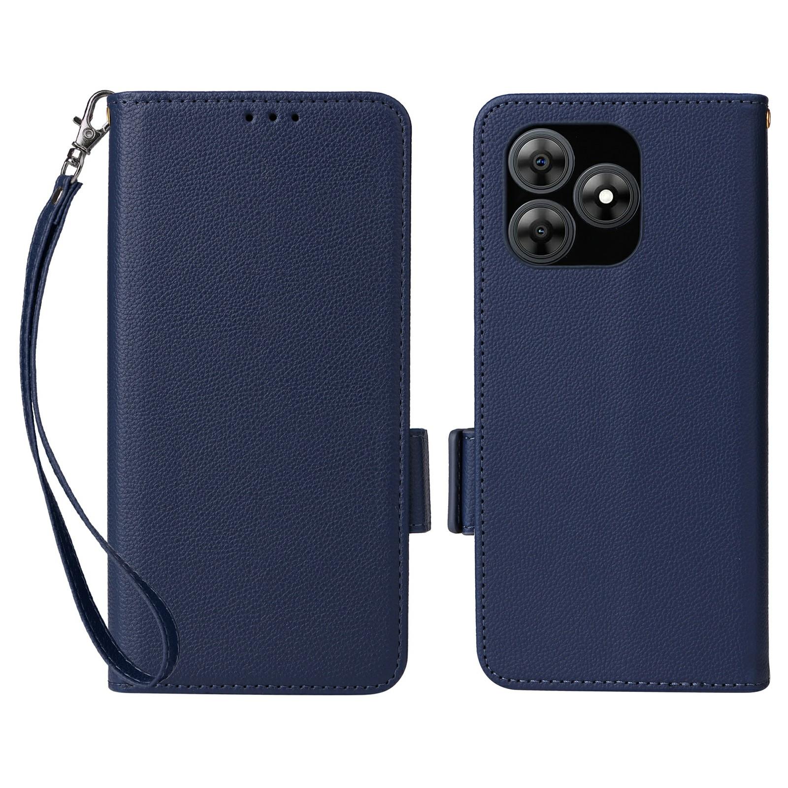 

For Blackview Wave 8C Case with Wrist Strap Litchi Texture PU Leather Wallet Phone Cover Dark Blue