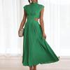 Lady Prom Dress Pleated Sleeveless Solid Color Stand Collar Hollow Out Dress-up Mid-calf Length Wedding Party Women Banquet Dress Female Clothing