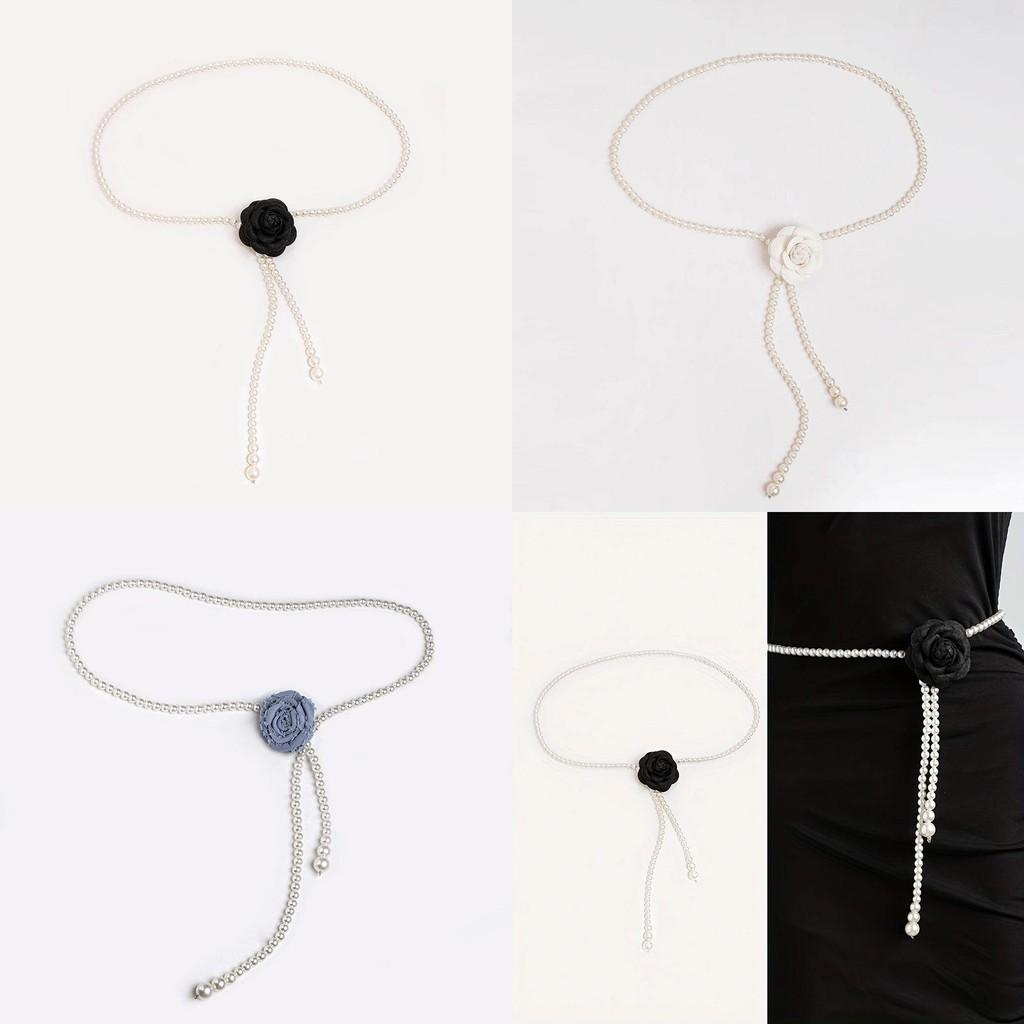 Waist Fashion Pearl Chain With Camellia Flower Decor Women Accessory Dress
