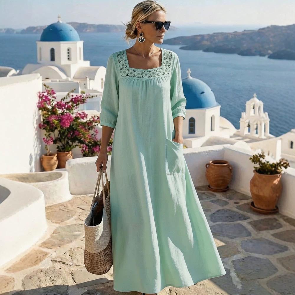2026 new women's clothing, casual square collar 7-point sleeve cotton and linen solid color women's dress