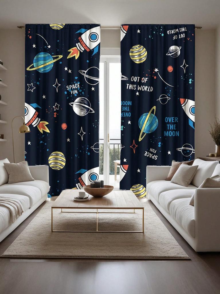 2 stuks Cartoon Ruimteplaneet & Raket Print Gordijnen   Hoge Resolutie Digitale Print Gordijnen   Stangzak Installatie