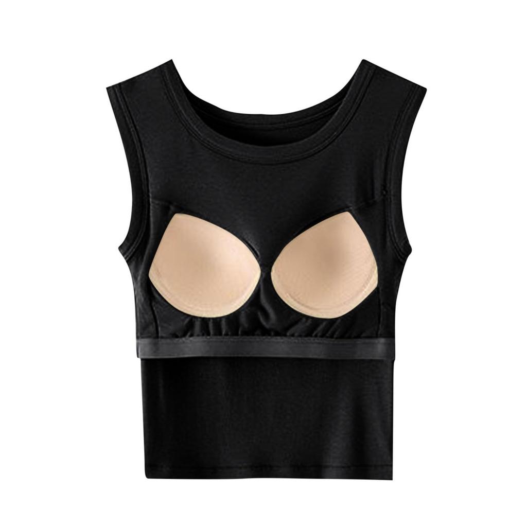 Women's Summer Solid Color Padded Vest Wide Shoulder Round Neck Yoga Wear Underwear Base