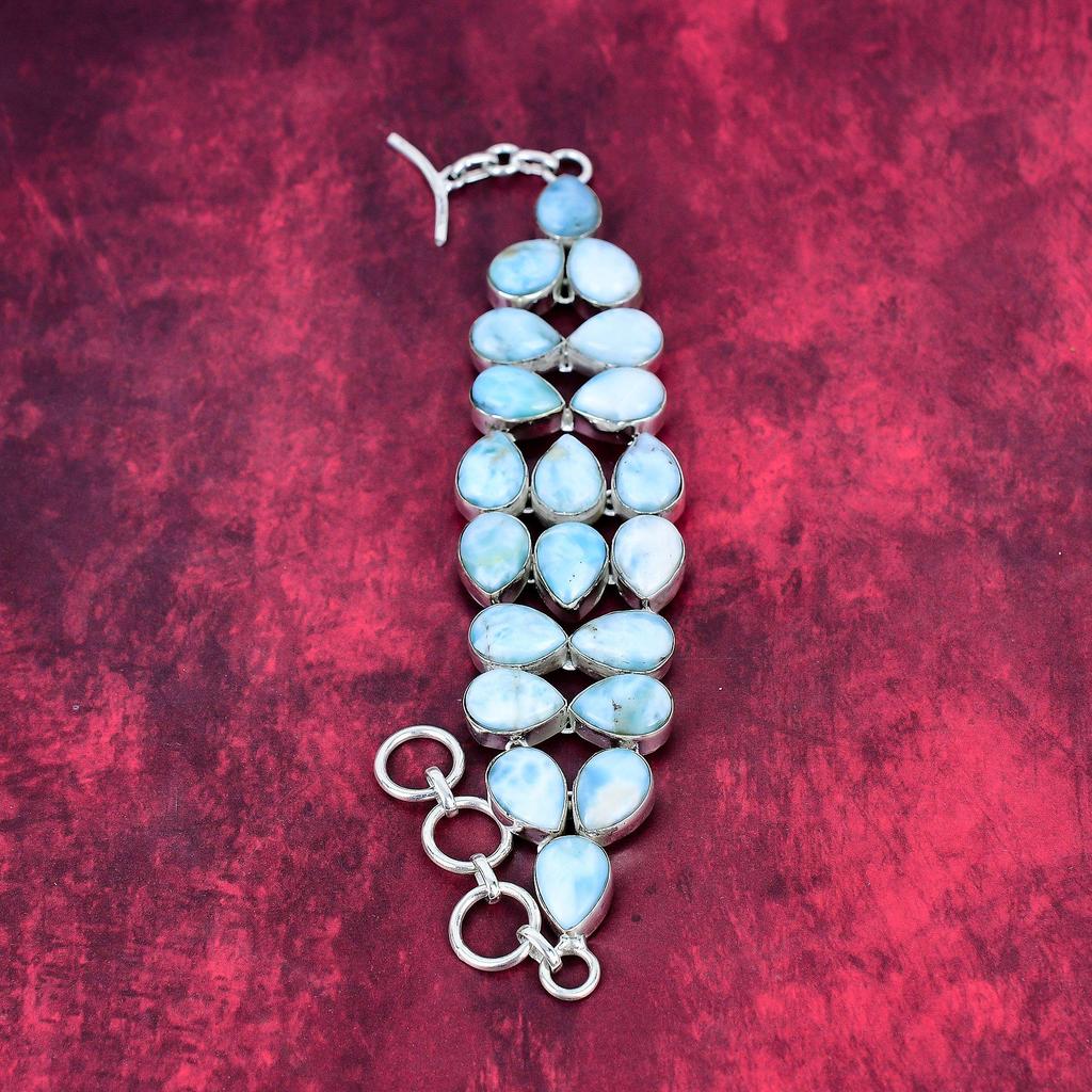Larimar 925 Solid Sterling Silver Bracelet with Adjustable Chain, Handmade Gemstone Jewelry Bracelet For Memorial Day