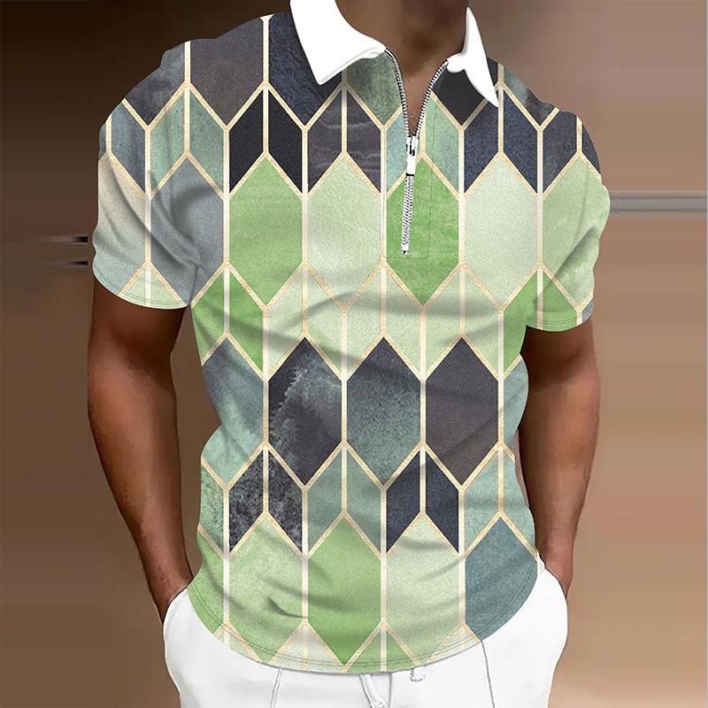 

Men s Shirt Polo Casual Zip Short Sleeve Fashion Casual Zipper Summer Spring Regular Fit 3D Rhombus Print Shirt 8XL зелёный