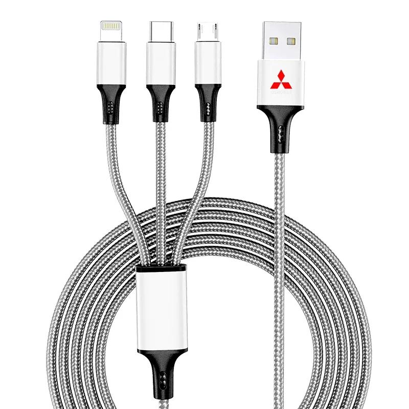 

3in1 Type C Lightning Micro USB Car Fast Charging Cable Emblem for Mitsubishi Lancer Outlander Pajero Ralliart Center Hub Cap срібний