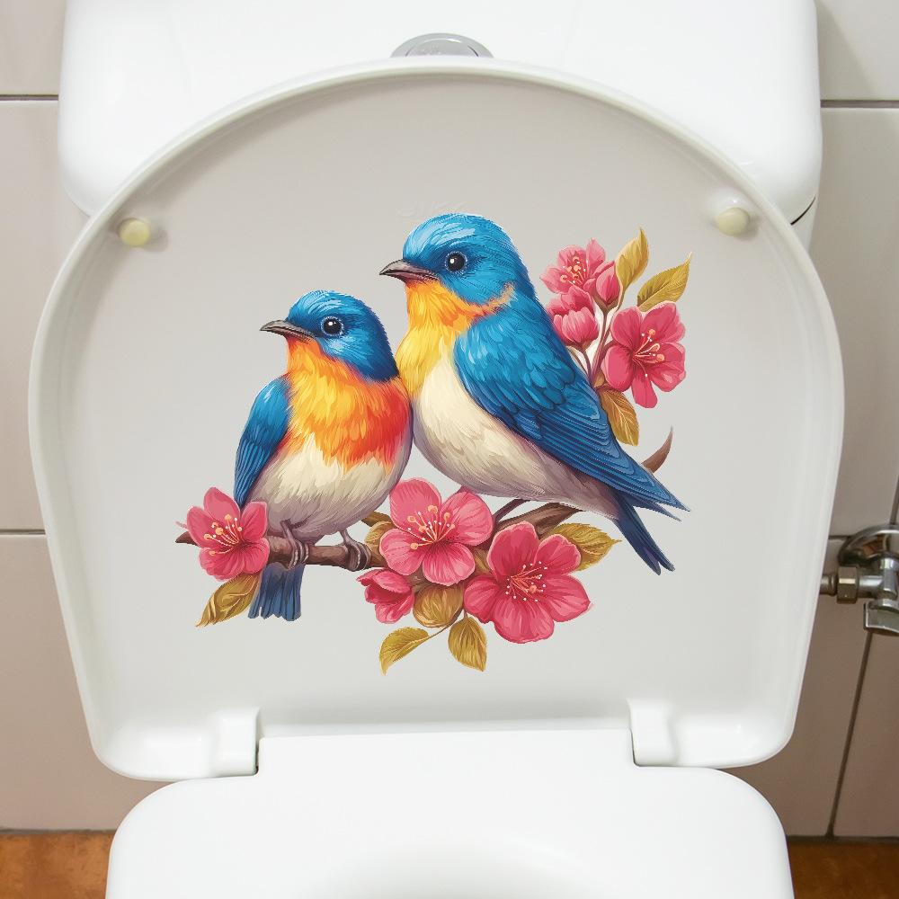 Hand Painted Crabapple Blossom Branch with Small Birds Toilet Seat Sticker Bathroom Decor Self-Adhesive Removable Decal