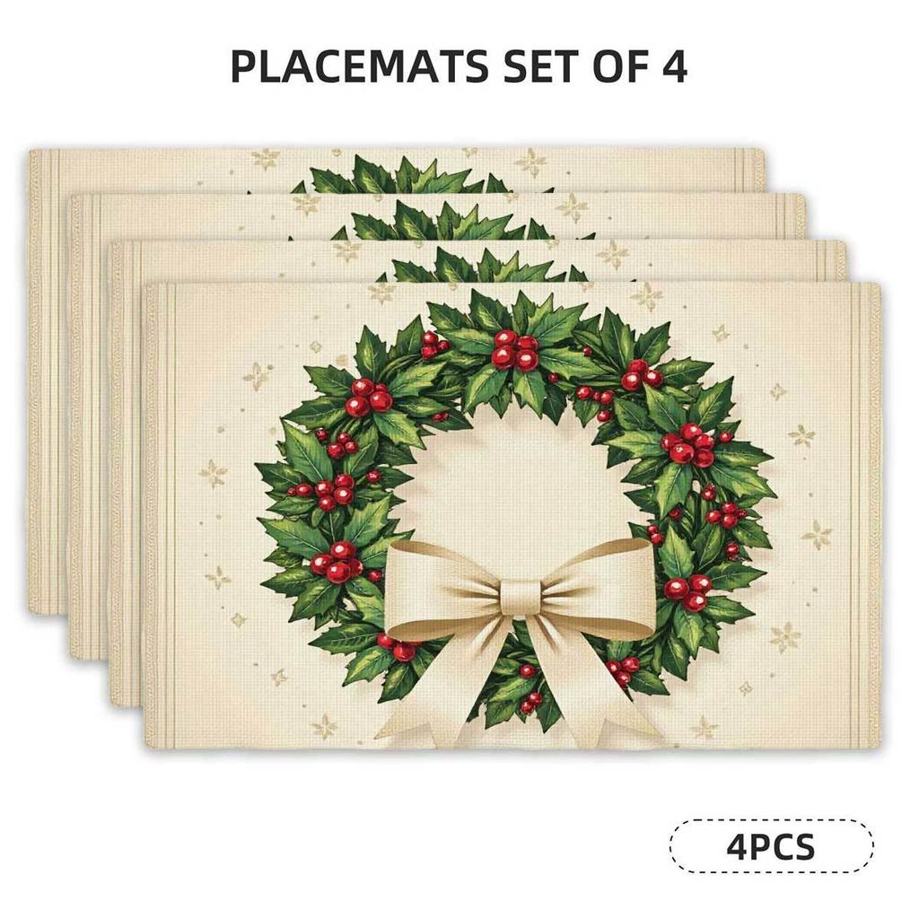 4pcs Set, 2D Flat Print Placemats - Elegant Christmas Wreath Rectangular Table Mats for Holiday Gatherings, Family Parties, Picn
