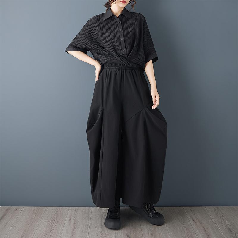 Plus size Vintage black high Waist Casual loose long Summer wide leg Pants Women Trousers
