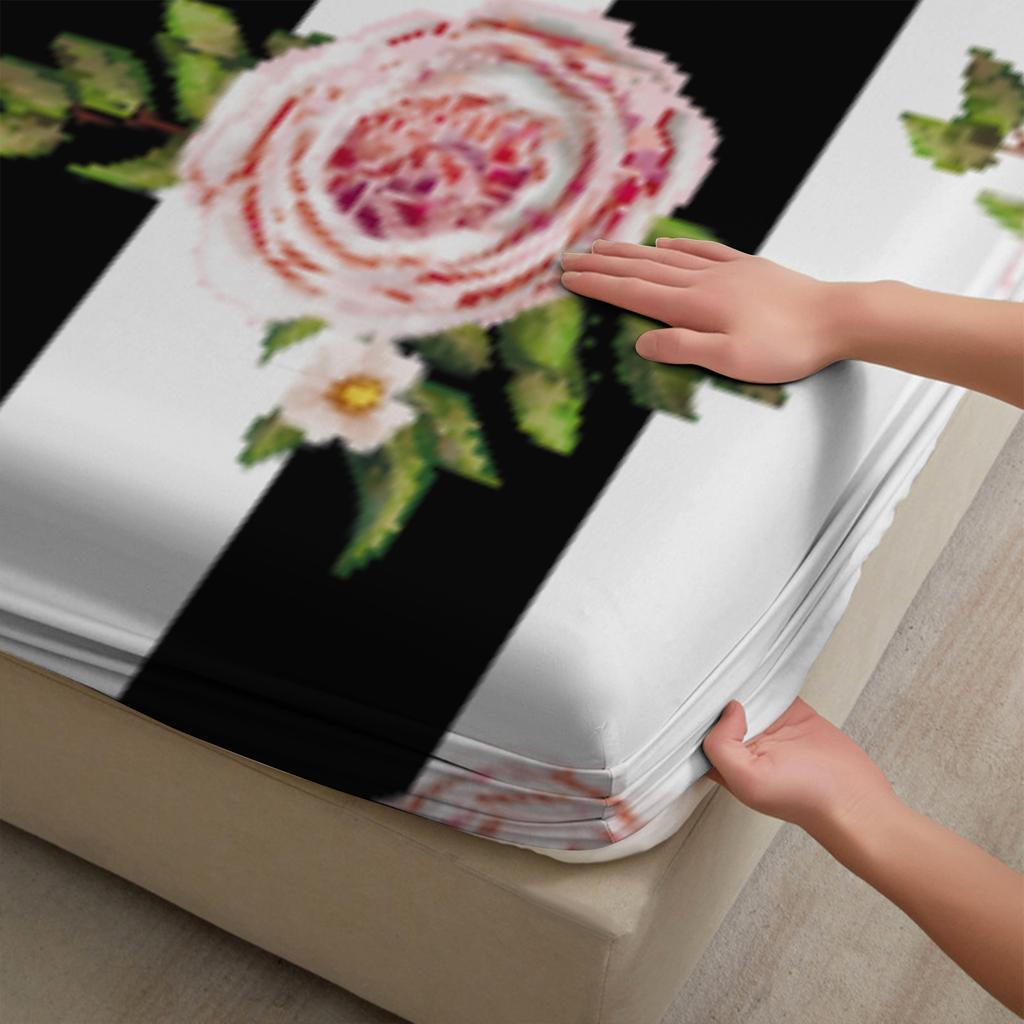 3pcs Fitted Sheet Set Black And White Stripes With Pink Flowers Bed Sheet With Pillowcases For Bedroom Decor