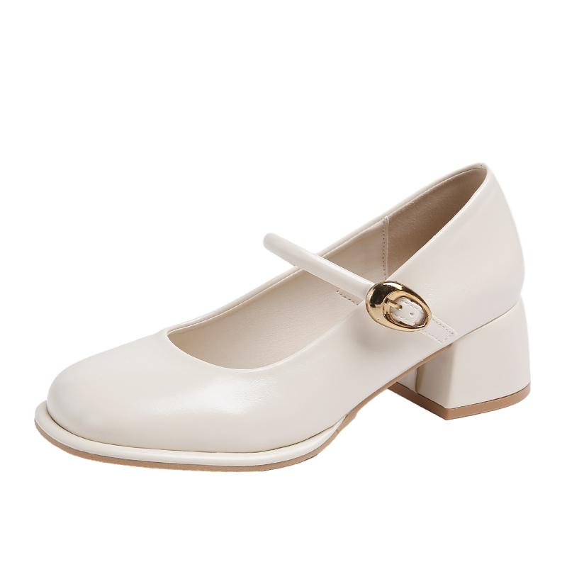 

2024 New Marry Janes Shoes Womens Office Platform Round Toe Buckle Strap Thick Med Heel Shoe Ladies Casual Pumps 34 бежевый