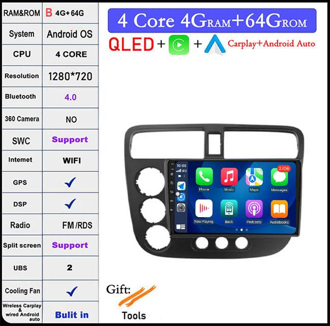 9 Lnch For Honda Civic 7 2000-2006 QLED Android 14 Car Radio Multimedia Video Player GPS AI Voice 4G CarPlay Head Unit Stereo