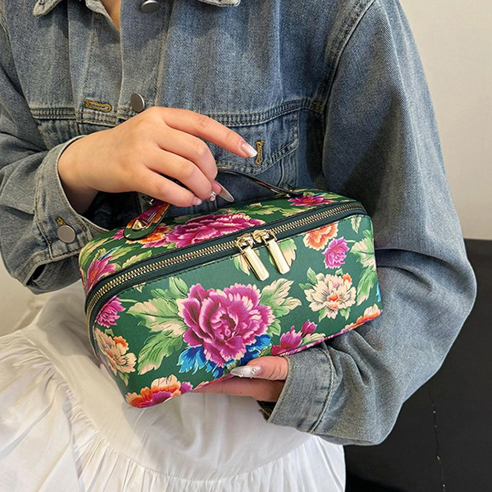 

popular Women Retro PU Leather Storage Handbags Northeast Big Flower Fashion Makeup Pouch Chinese Style Travel Toiletry Bag Cosmetic Bag зелений