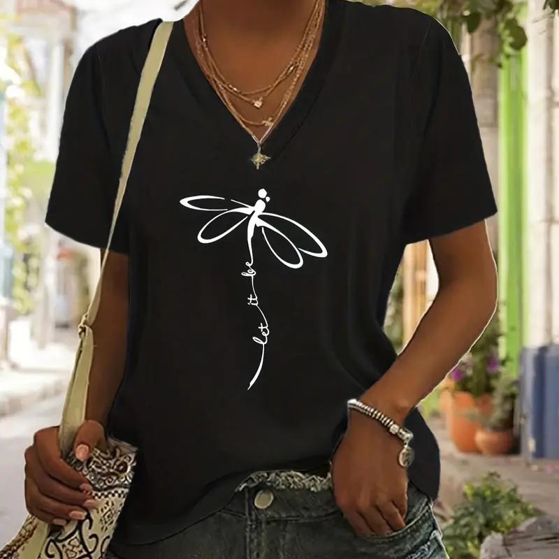 

Блузки с рисунком стрекозы, футболки с коротким рукавом и V-образным вырезом, повседневные 3XL