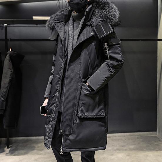 Men Down Jacket Fur Collar Hooded Long Sleeve Solid Color Winter Coat Zipper Placket Pockets Thickened Puffer Outwear