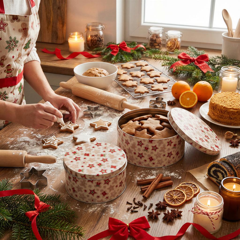 CHRISTMAS TIN BOX 2 PCS FOR COOKIES, GINGERBREAD, SWEETS, RODS 20 cm