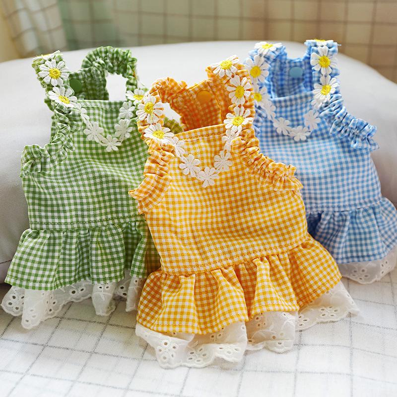 Pet Dog Cat Summer Mini Blue Plaid Sun Lace Dress Pet Clothing