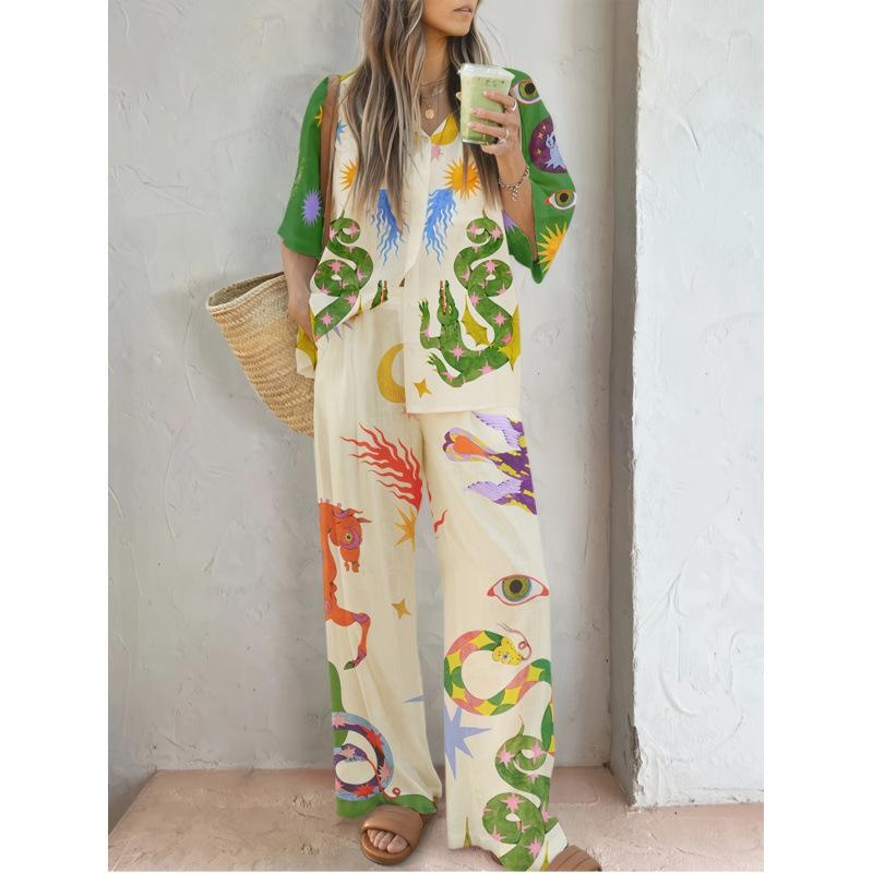 1116 Women's Christmas Fashion Set 1D Printed Autumn Casual Wide Leg Pants Cardigan Shirt