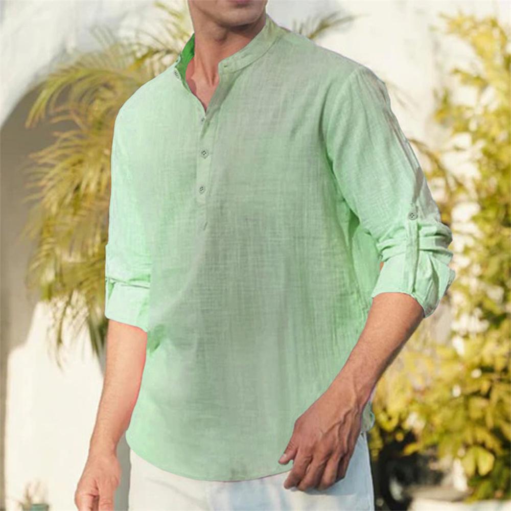Men's Cotton Linen T-shirt Long Sleeve Spring Summer Henley Neck Casual Simple Style Breathable Fashion Vacation Tops