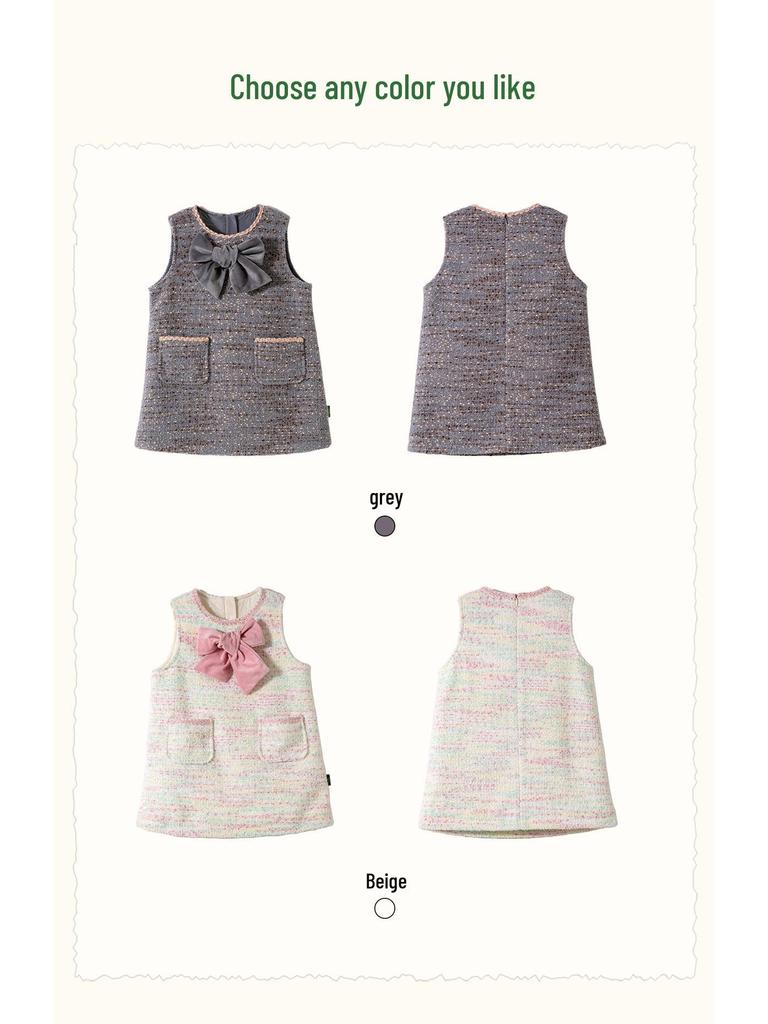 Tongbei 2025 Winter Girls' Sweet Bow Wool Sleeveless Dress