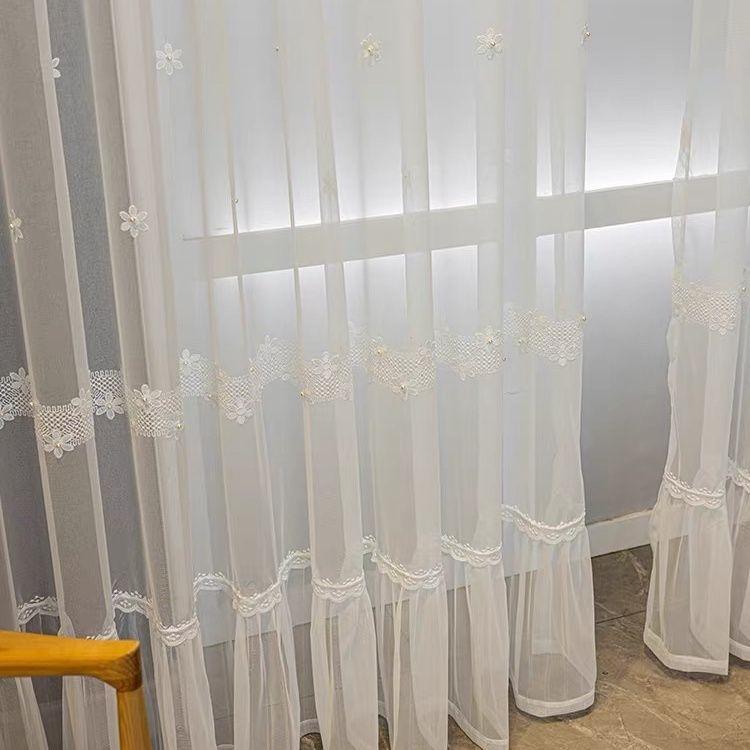 1pc Embroidery Curtain, Pastoral Style Flower Embroidery Rod Pocket Translucent Window Sheer Curtain for Living Room Bedroom Home Decoration