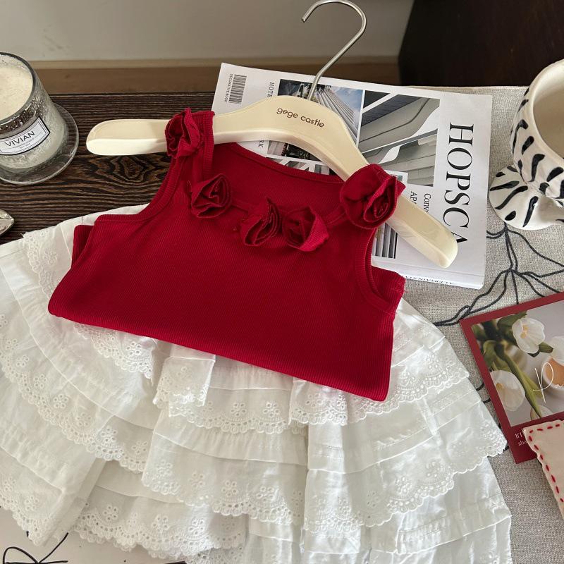 Mädchen Strick Tanktop mit Blumenmuster & Spitzrock Set