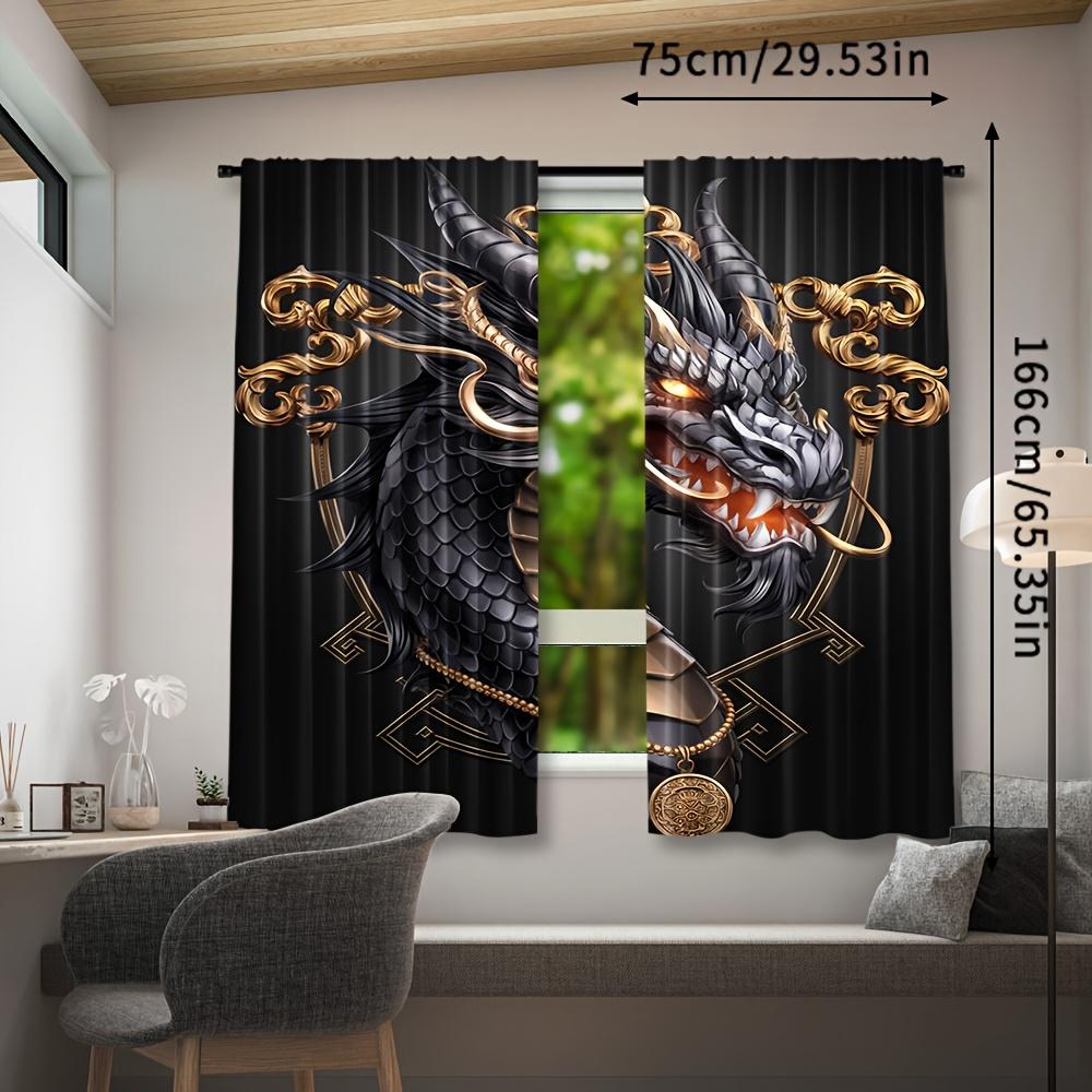 2pcs Bold Dragon Print Window Curtains - Black & Golden Dragon Window Drapes with Rod Pocket for Living Room   Bedroom   Kitchen -