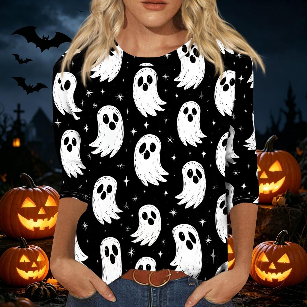 Womens Casual Halloween Print Pullover Shirt Three Quarter Sleeve Round Neck Top Lightweight Comfortable Fabric