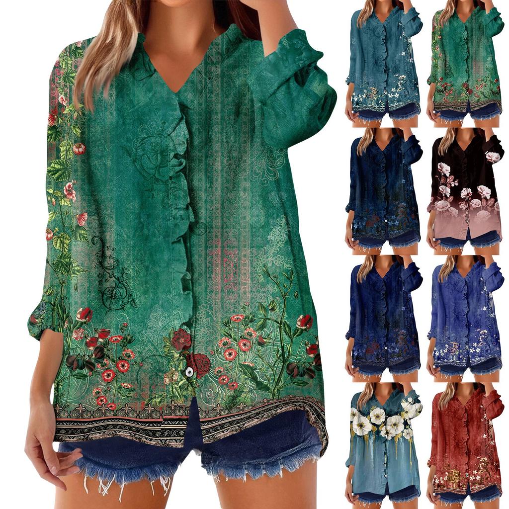 Dame Løs Volangert Blomstert Trykk Ståkrage Langermet Bomull og Lin Topp