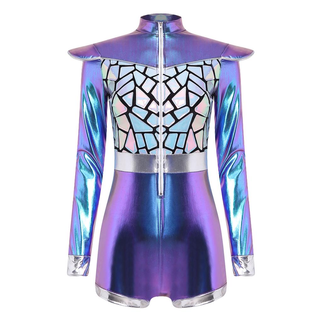 Womens Shiny Sequins Jumpsuit Long Sleeve Structured Shoulder Pads Front Zipper Short Bottoms Rompers