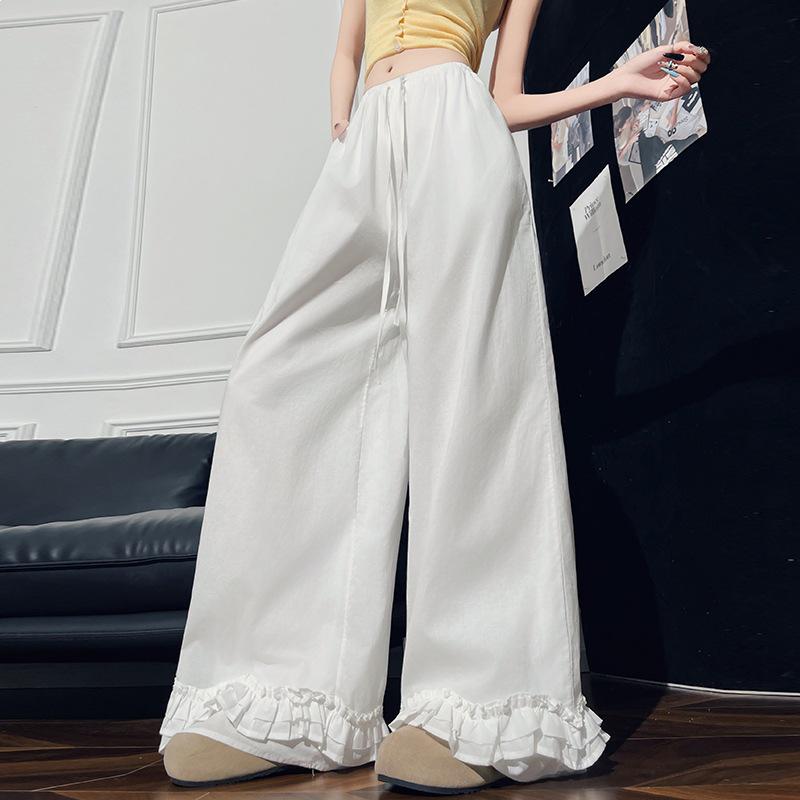 Women's High-Waist Ice Silk Wide-Leg Lace Pants - Summer Casual Slimming Drape