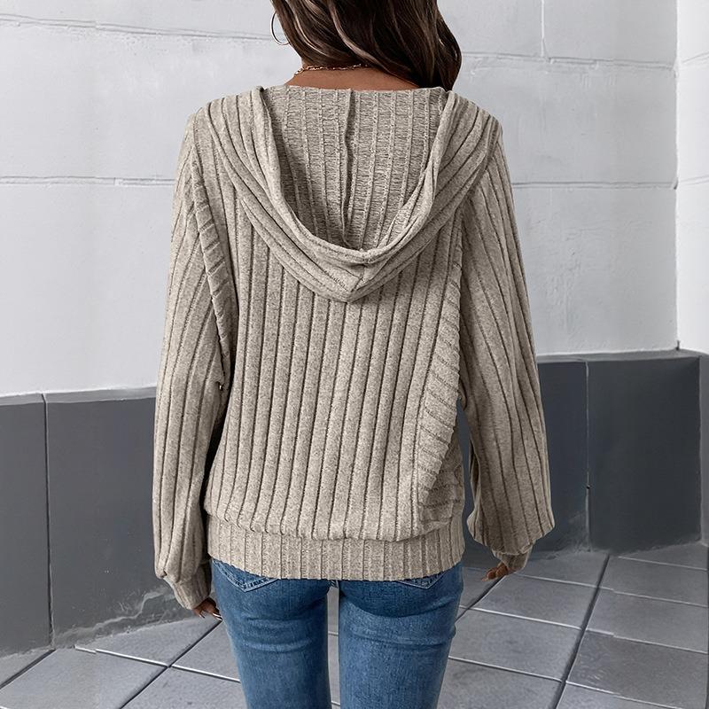 Home-based Casual and Laid-back Style Hooded Plain-color Knitted Pullover Hoodie