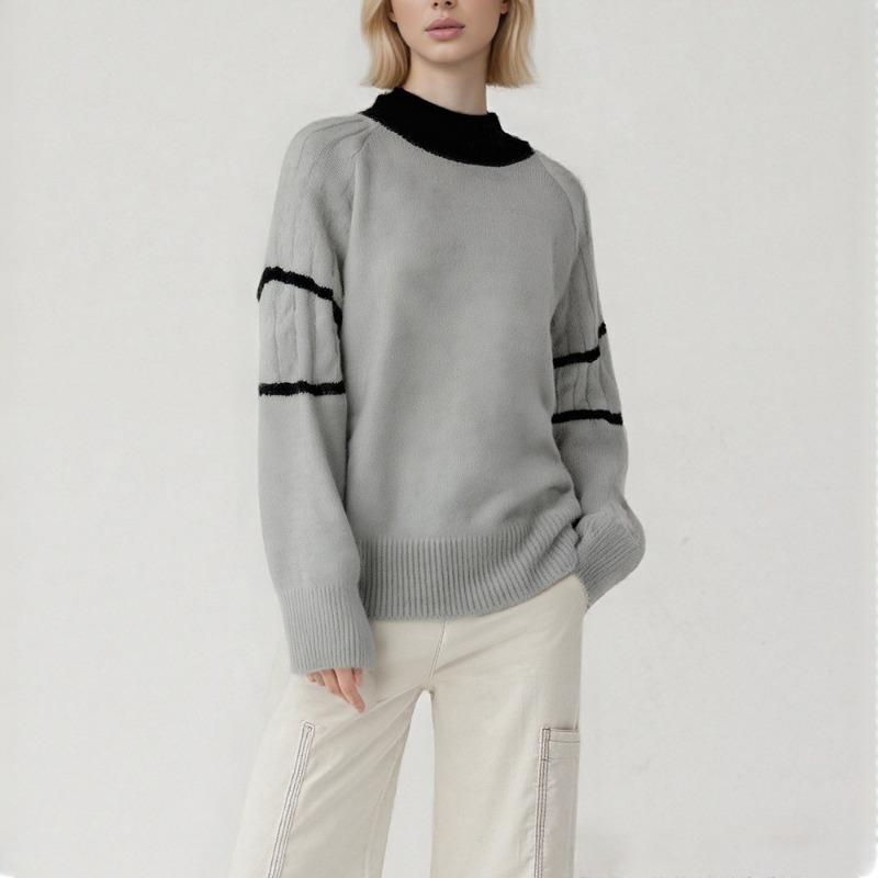 Contrast color collar design sense turtleneck sweater women's style lazy casual autumn and winter new loose inner knitted sweater