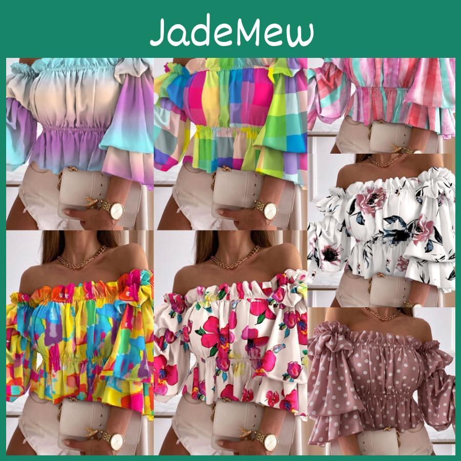 Sleeve Summer Neck Short Slash Dot Tie Dye Blouse Womens Ruffles Floral Print Crop Tops