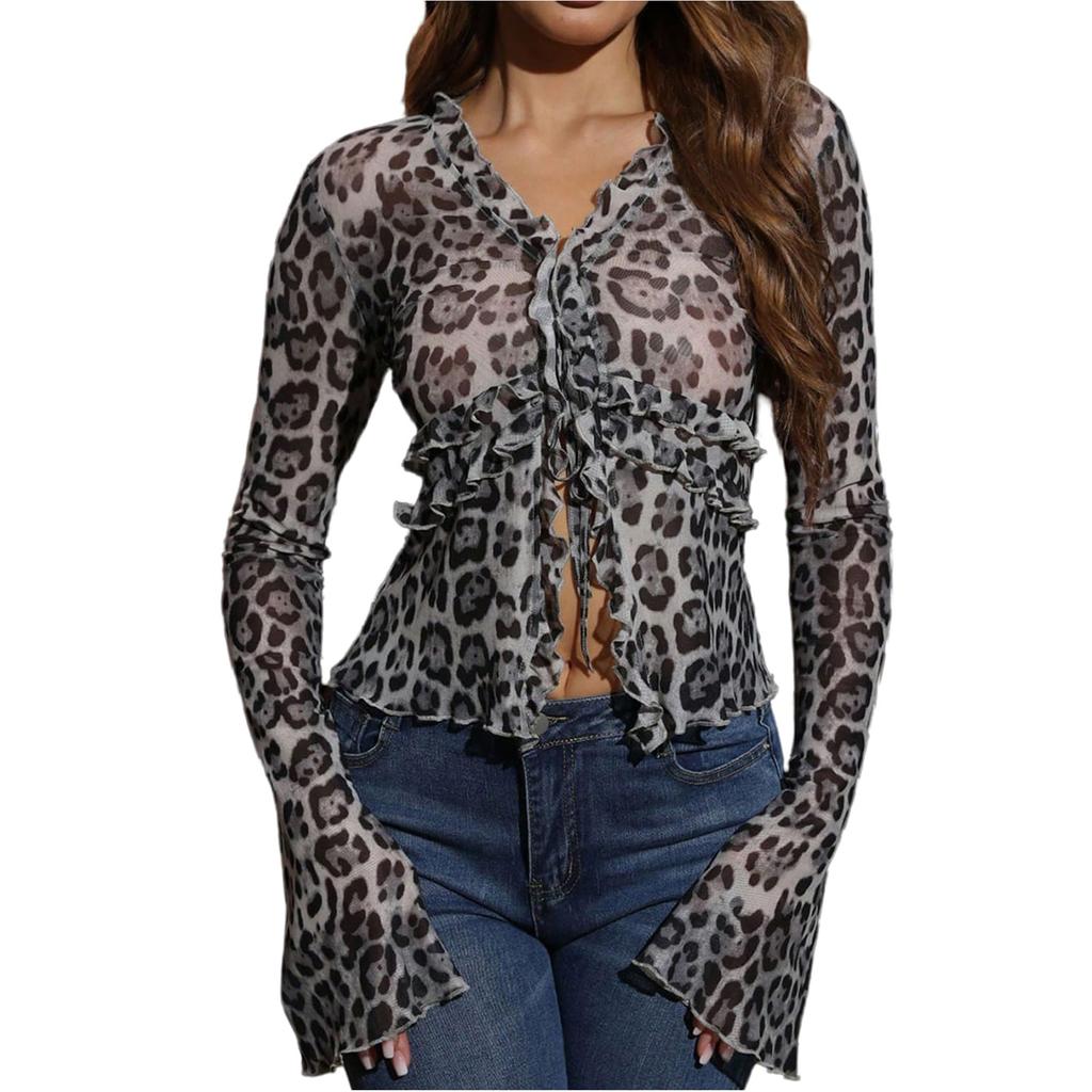Women's Leopard Print Mesh Cardigan, V-Neck Lace-Up Lightweight Cover-Up for Spring and Summer