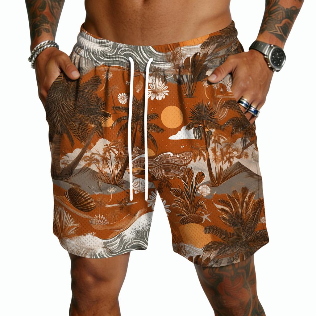 Herren Freizeitshorts mit Kordelzug Leichte Schnelltrocknende Fünf-Punkt-Länge Hawaiianischer Print Sommer Strandmode Badeshorts