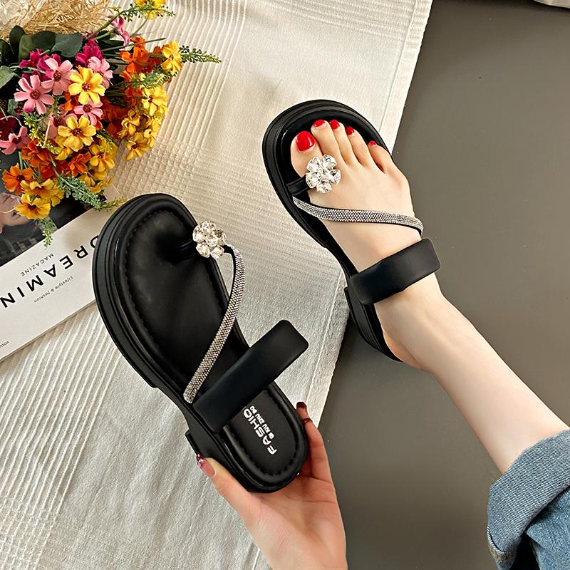 

Fashion CRLAYDK Women s Flop Flops Sandals Soft Low Square Heel Casual Slippers Ladies Leather Dress Rhinestone Beach Slide Shoes 40