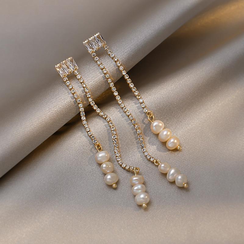 Hot Sell Trendy Shiny CZ Zircon Star Natural Freshwater Pearl 14K Gold Filled Female Tassels Stud Earrings For Women
