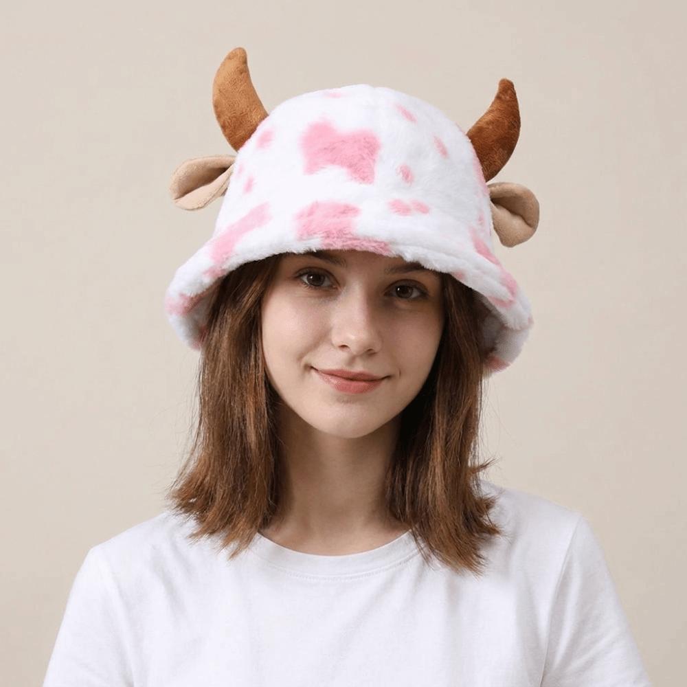 Faux Fur Cow Horn Bucket Hat Thicken Winter Plush Hat Retro Plush Fisherman Hat Outdoor