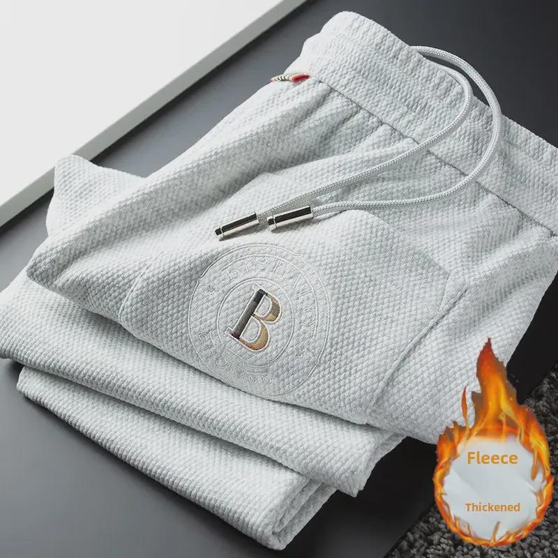 Men's European-Style Embroidered Velvet-Lined Sweatpants - Autumn/Winter Collection