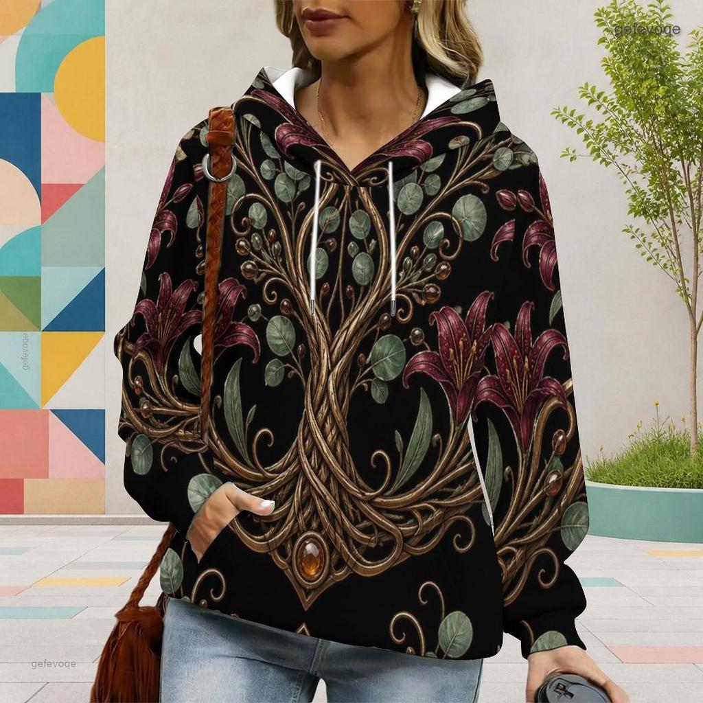 Women Plus Size Long Sleeve Drawstring Hoodie Floral Tree Printed Black Pullover Kangaroo Pocket