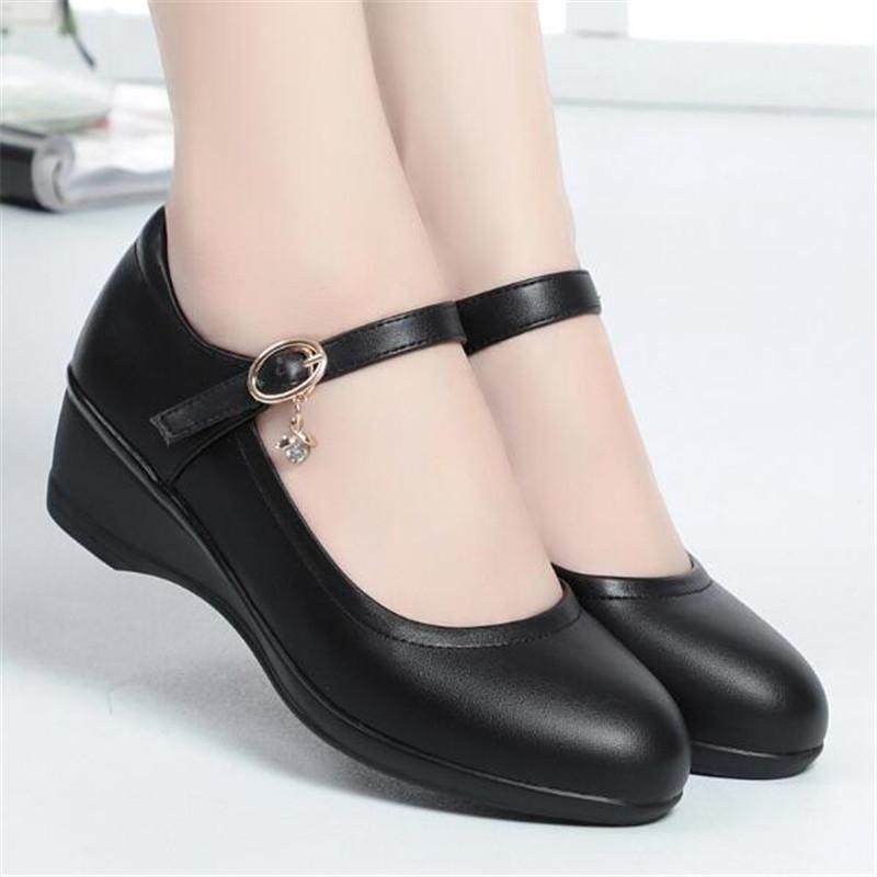 Fashion Women Fashion Comfort Buckle Strap Pumps Lady Casual Black Soft Leather Office High Heel Shoes Wedges Women Single Shoes
