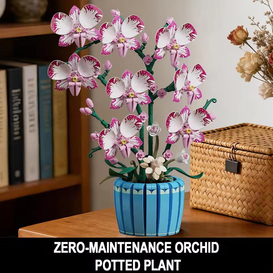 Orchid Pot Potted Plant Construction Block Pink Flower Potted Plant Model Game Toys Sets Latest Year Christmas Birthday Gifts